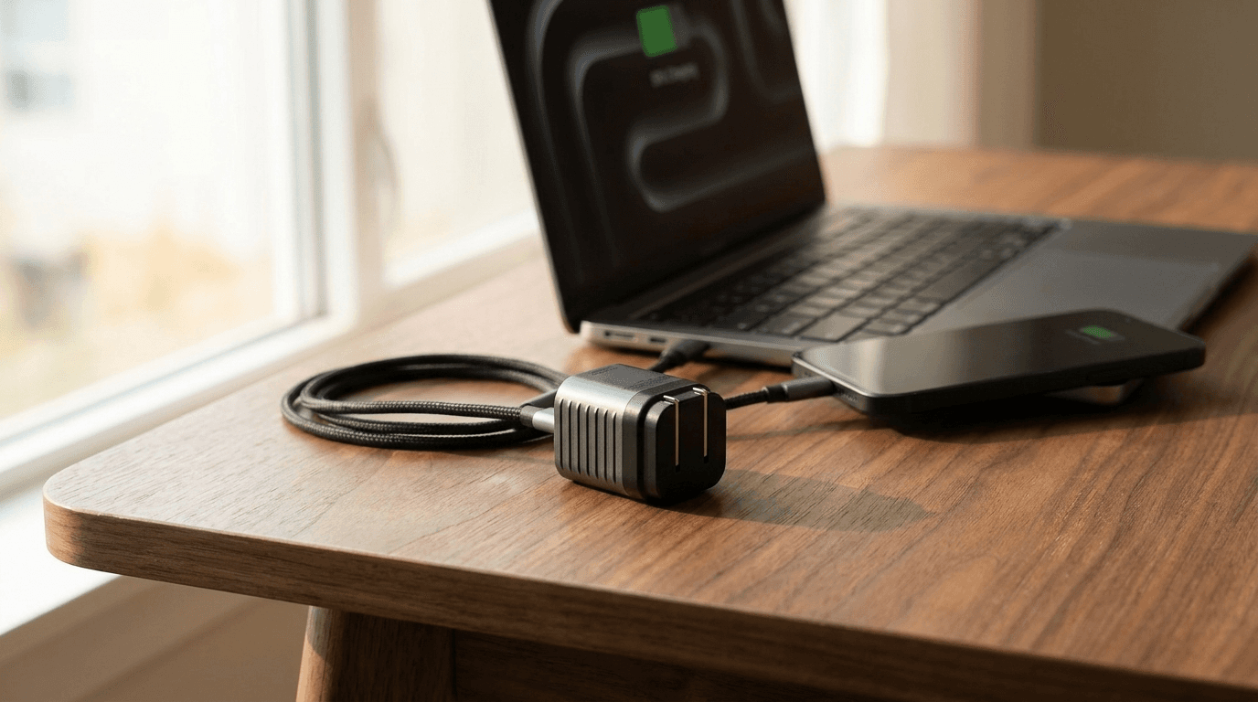 Supertiny 65W GaN charger next to MacBook Neo and iPhone