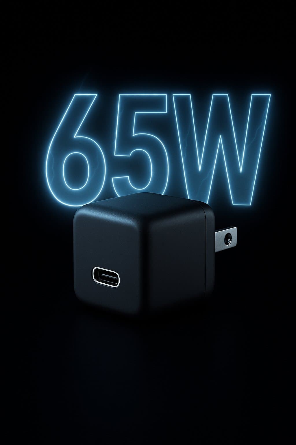 Supertiny 65W GaN charger, USB-C port visible, with electric 65W bolt typography on a black background.